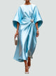 Theodora2 | Women's Wrap Midi Dress, Round Neck, Batwing Sleeves