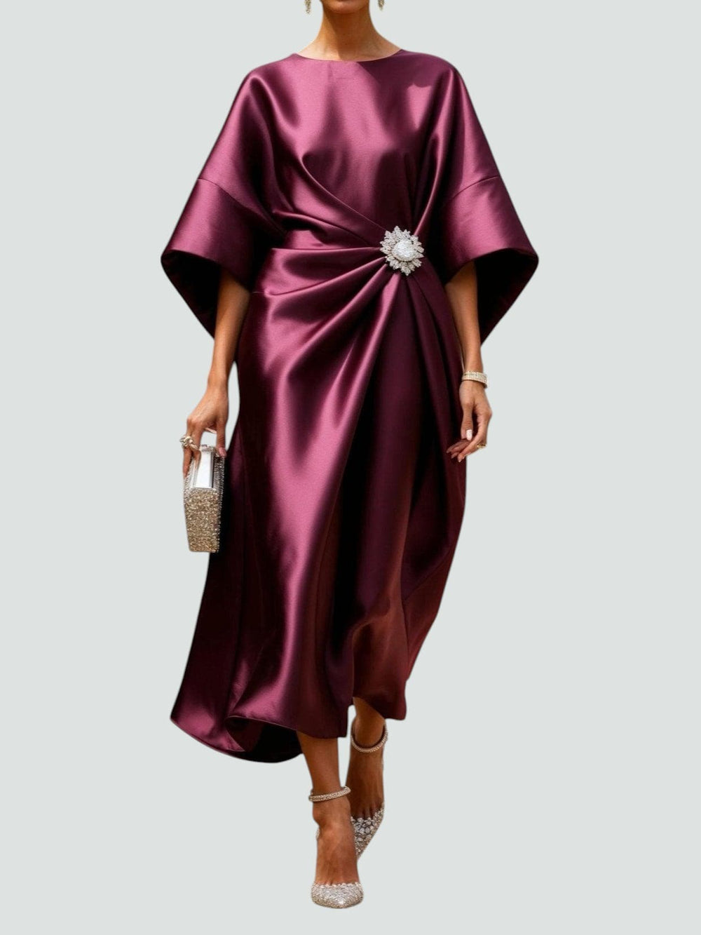 Theodora2 | Women's Wrap Midi Dress, Round Neck, Batwing Sleeves