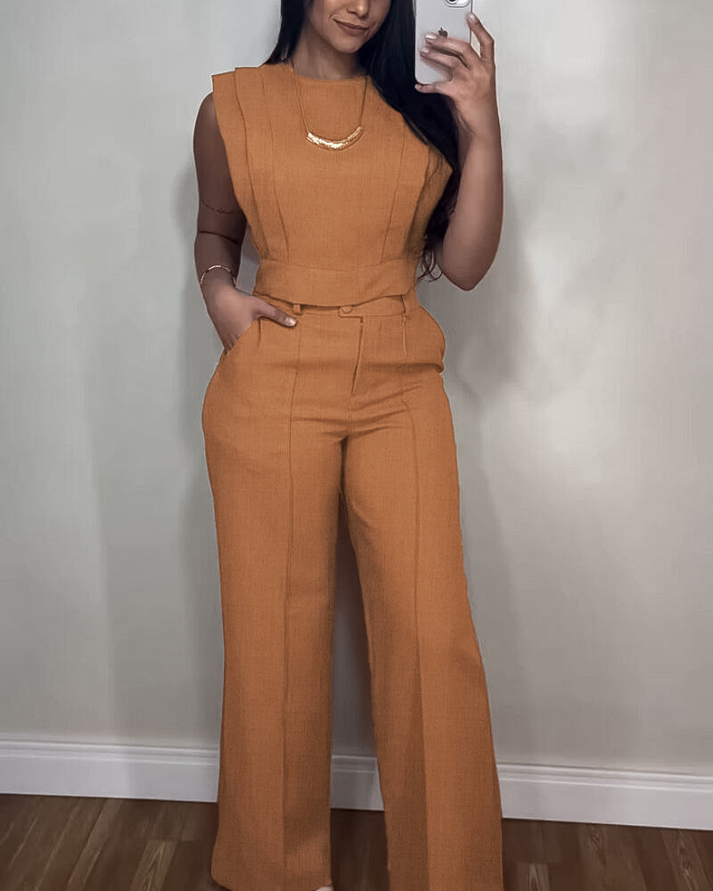 Zelie | Women's Two-Piece Trouser Set, Cap Sleeves, Open Back, Crop Top