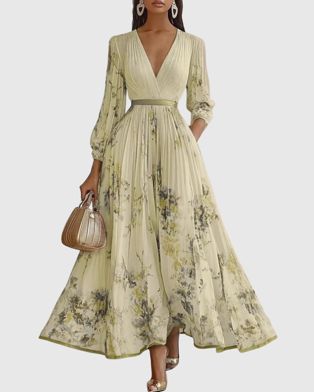 Demelza | Women's Floral Pleated Maxi Dress, V-Neck, Long Sleeves