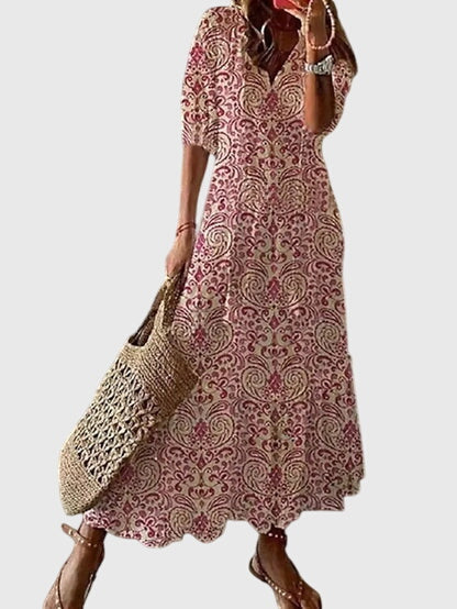 Cressida | Women's Bohemian Midi Dress, V-Neck, Short Sleeves