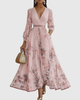Demelza | Women's Floral Pleated Maxi Dress, V-Neck, Long Sleeves