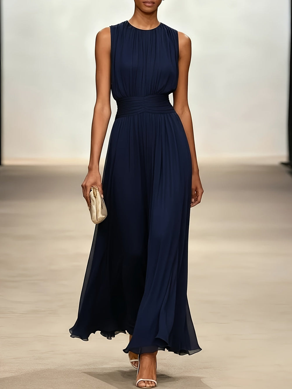 Women's sleeveless ruched waist maxi dress with gathered bodice and flowing ruffled hem