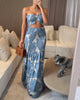 Rosaleen | Women's Tropical Print Maxi Dress, Halter Tie, Frill Trim, Cinched Waist