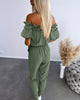 Sibylle | Women's Off-Shoulder Jumpsuit, Frill Trim, Short Sleeves, Tie Waist