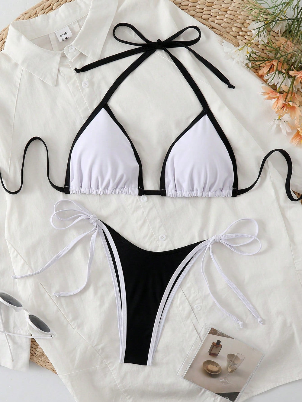 Mauricienne | Women's Colour-Block Bikini Set, Triangle Top, Tie Sides
