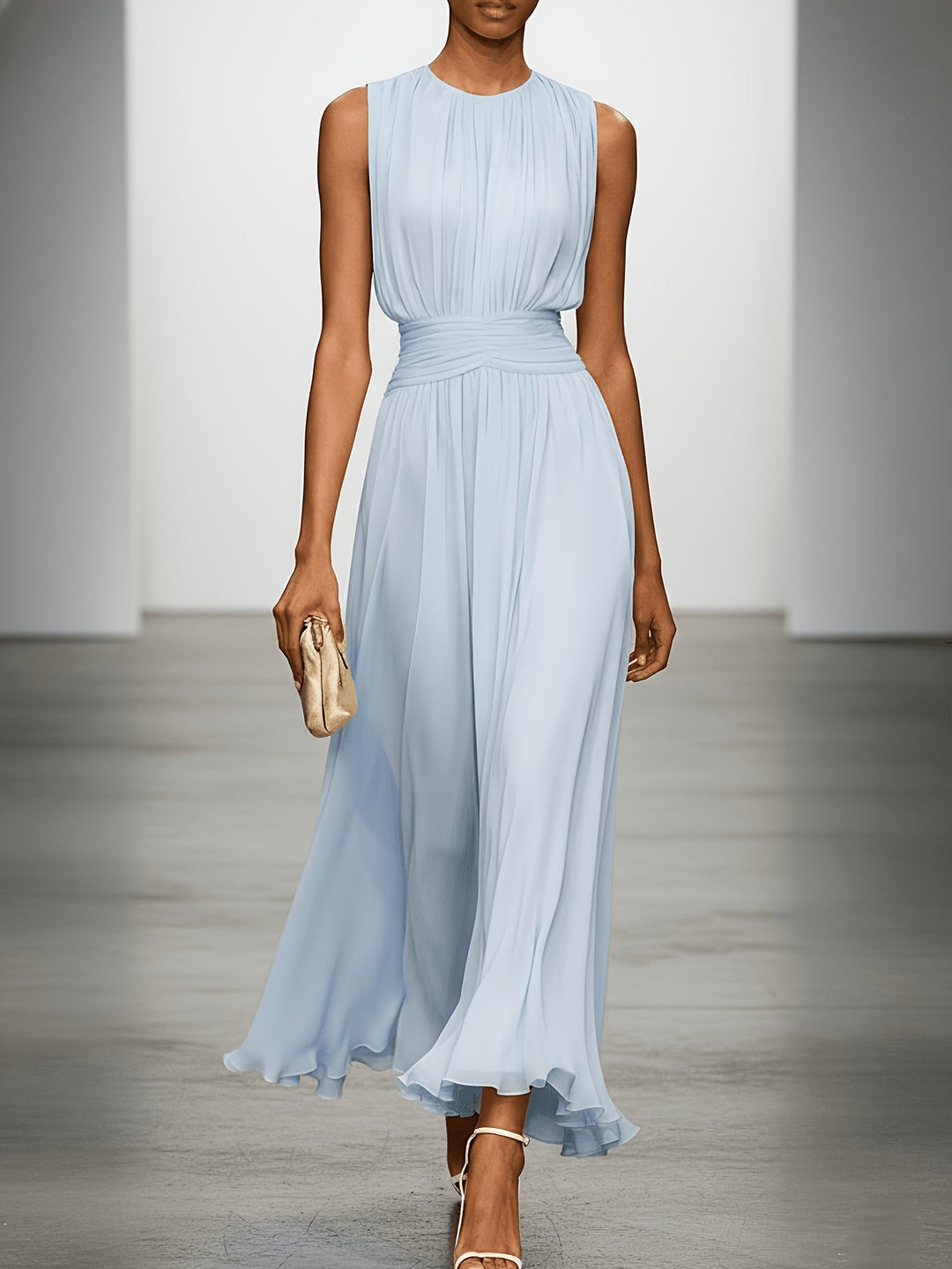 Women's sleeveless ruched waist maxi dress with gathered bodice and flowing ruffled hem