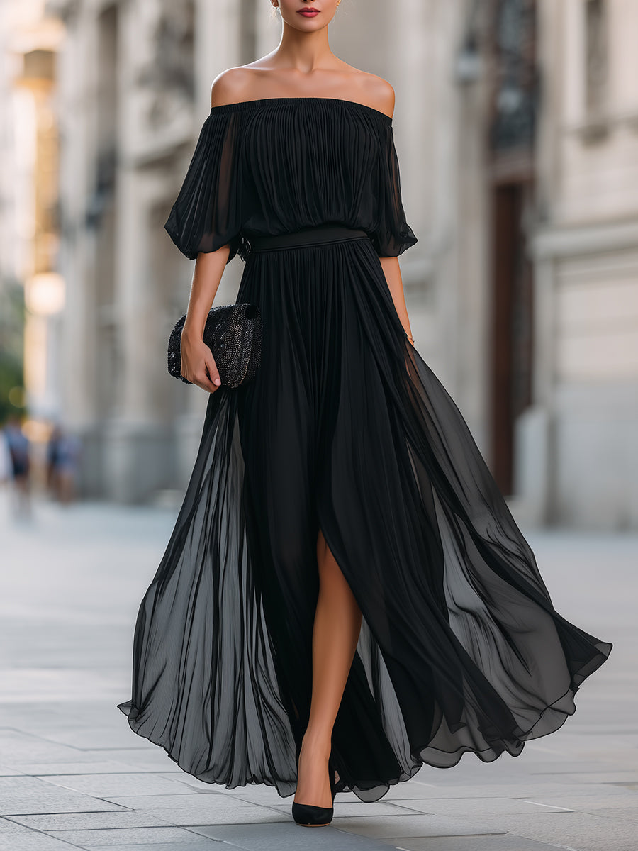 Women's pleated off-shoulder maxi dress with three-quarter balloon sleeves