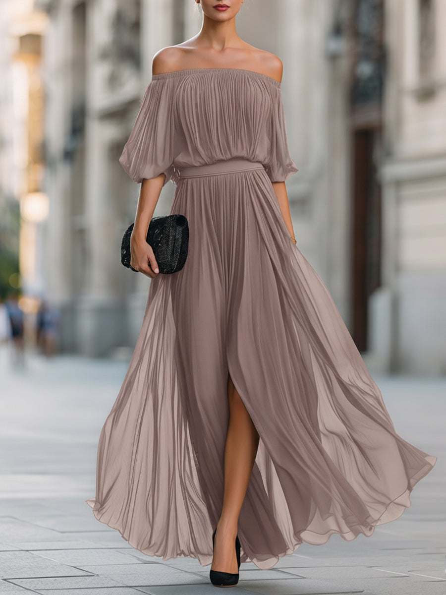 Women's pleated off-shoulder maxi dress with three-quarter balloon sleeves