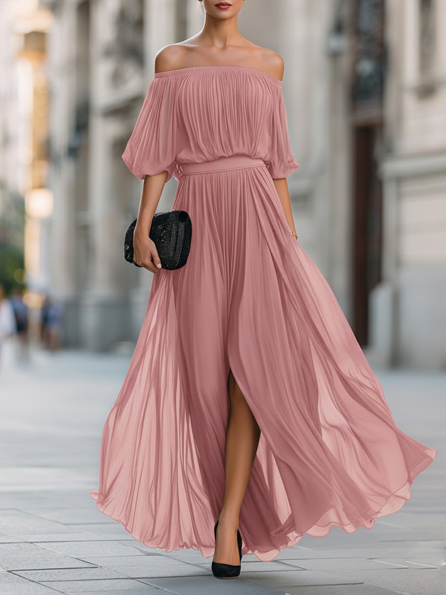 Women's pleated off-shoulder maxi dress with three-quarter balloon sleeves