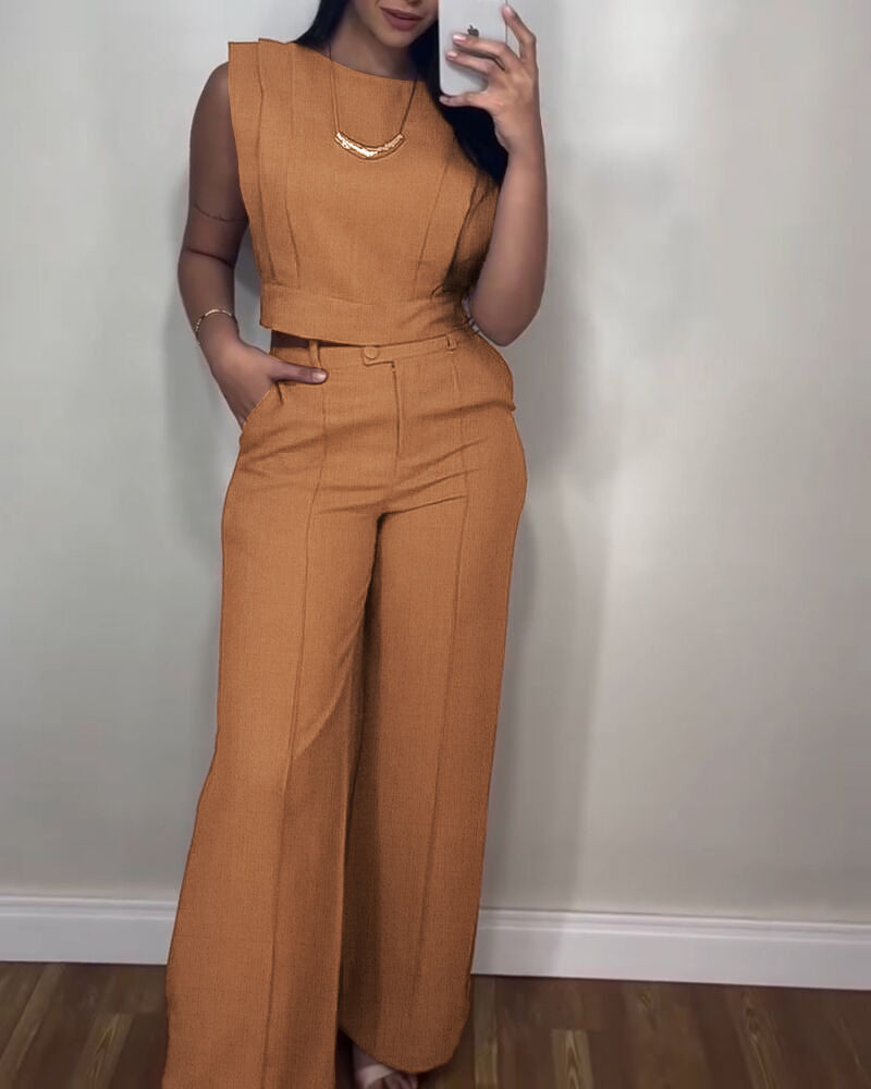 Zelie | Women's Two-Piece Trouser Set, Cap Sleeves, Open Back, Crop Top