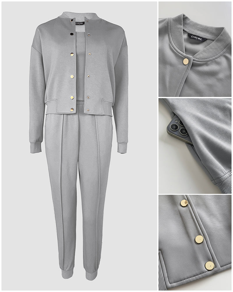 Berengere | Women's Three-Piece Trouser Set, Snap-Button Coat, Elastic Waist