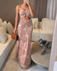 Rosaleen | Women's Tropical Print Maxi Dress, Halter Tie, Frill Trim, Cinched Waist