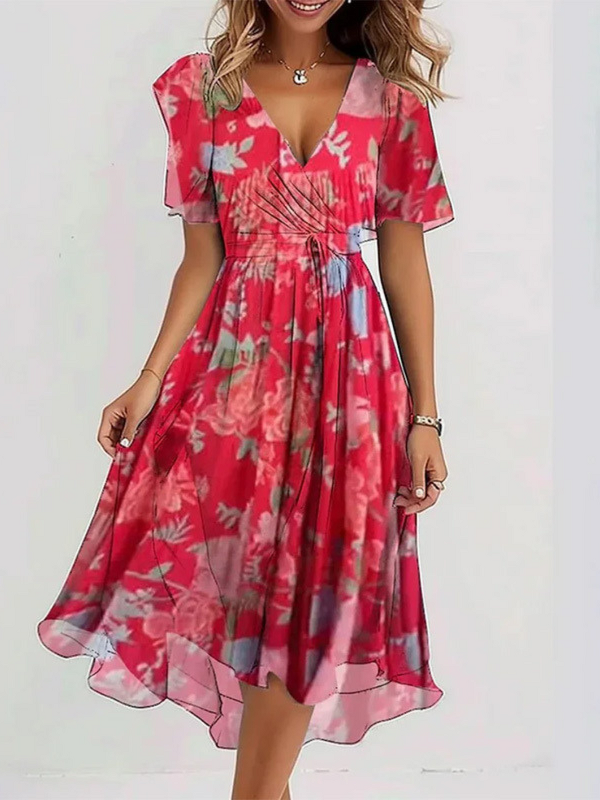 Lysandra | Women's Bohemian Relaxed Midi Dress, Round Neck, Short Sleeves