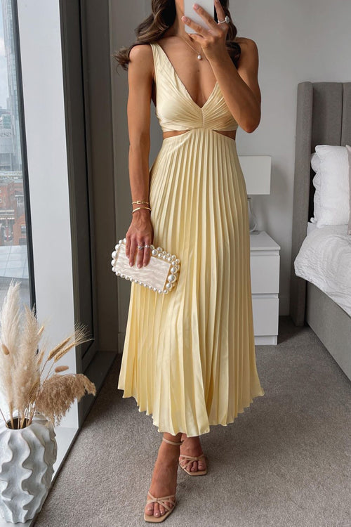 Calliope | Women's Pleated Maxi Dress, V-Neck, Short Sleeves