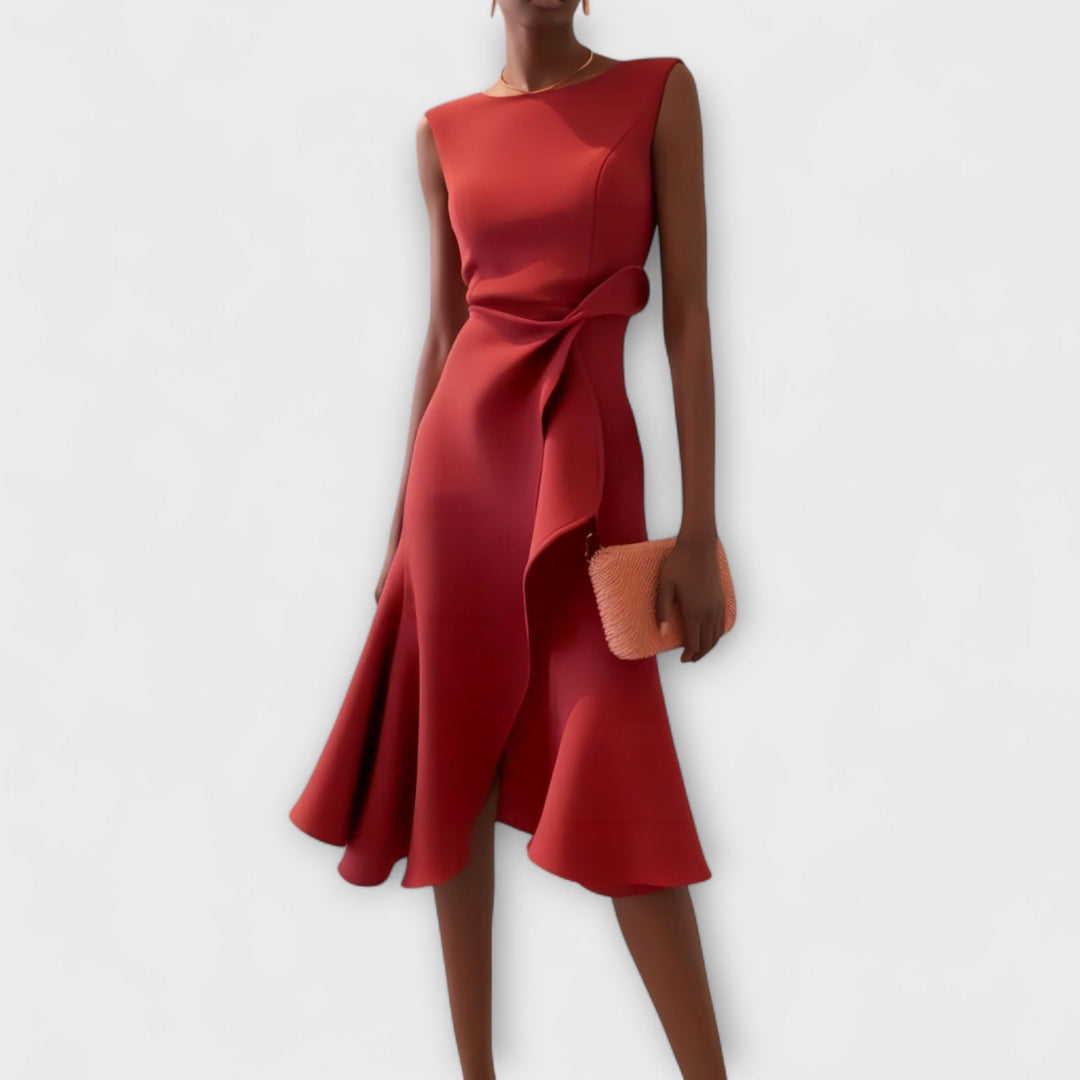 Women's sleeveless draped midi dress with defined waist tie and flared skirt