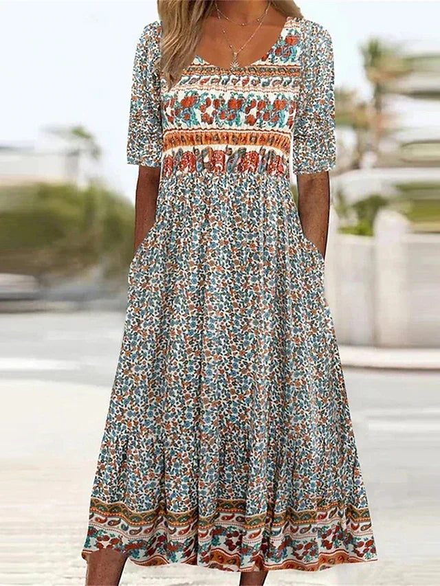 Rowena | Women's Bohemian A-Line Midi Dress, Round Neck, Short Sleeves
