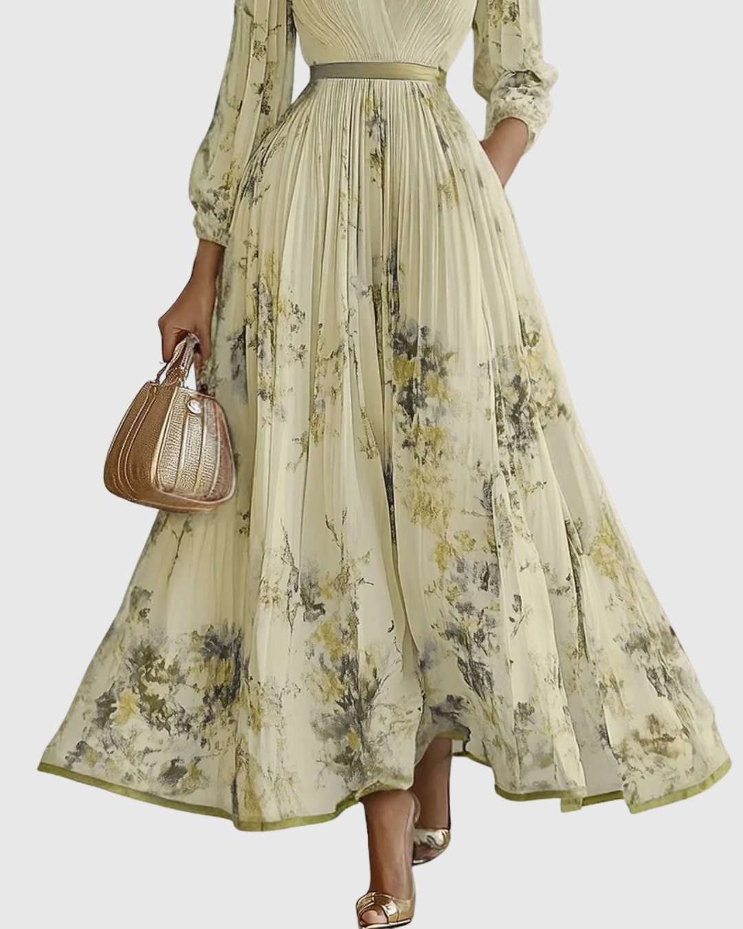 Demelza | Women's Floral Pleated Maxi Dress, V-Neck, Long Sleeves