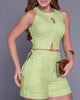 Clementine-Rose | Women's Two-Piece Shorts Set, Sleeveless, Open Front, Zip Back