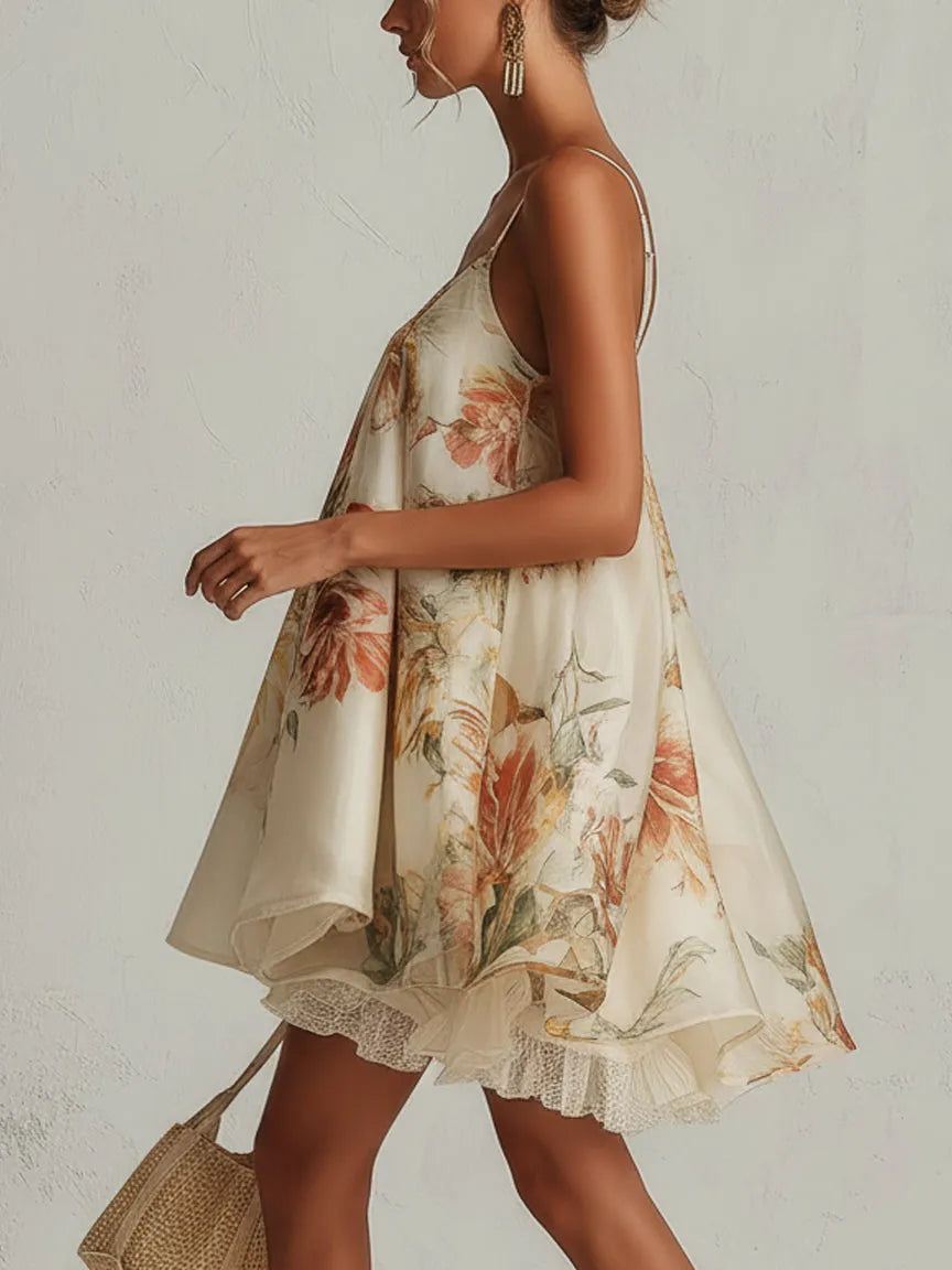 Morwenna | Women's Floral A-Line Mini Dress, Round Neck, Short Sleeves
