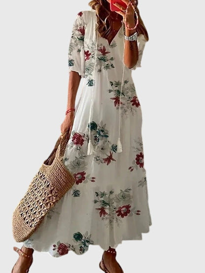 Cressida | Women's Bohemian Midi Dress, V-Neck, Short Sleeves