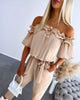 Sibylle | Women's Off-Shoulder Jumpsuit, Frill Trim, Short Sleeves, Tie Waist