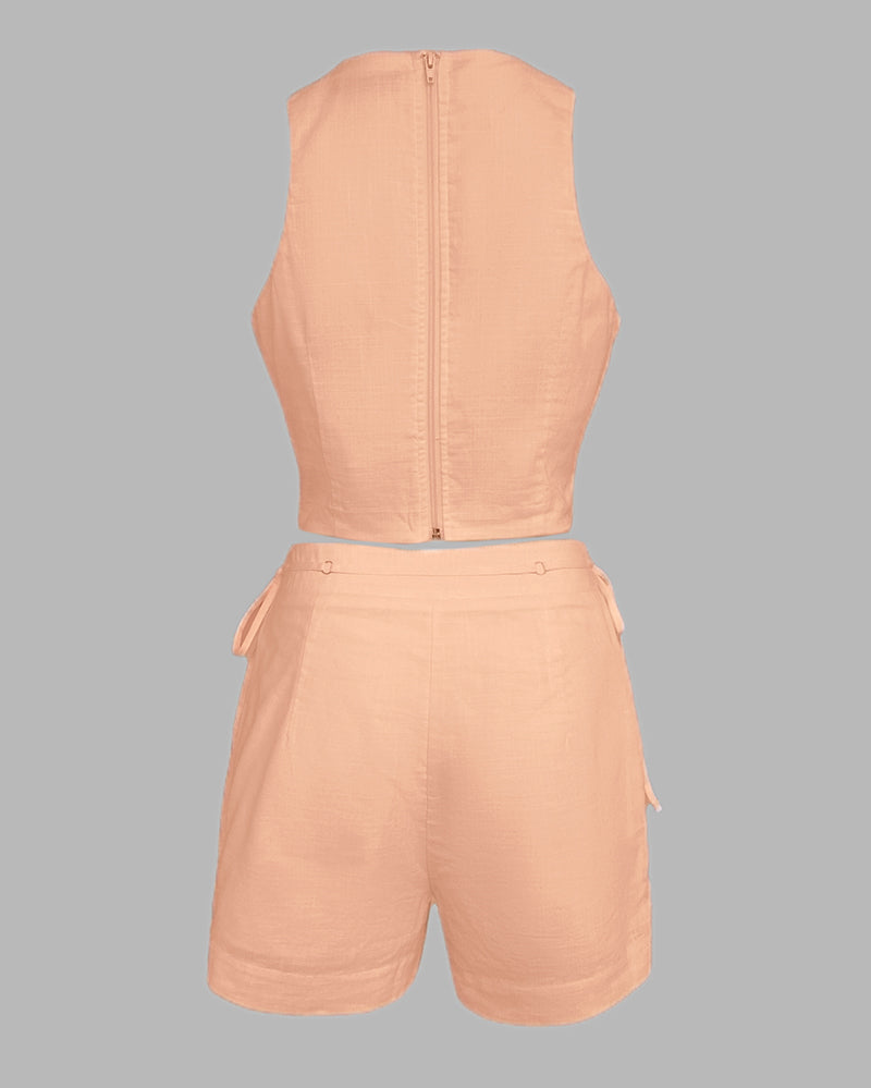 Clementine-Rose | Women's Two-Piece Shorts Set, Sleeveless, Open Front, Zip Back