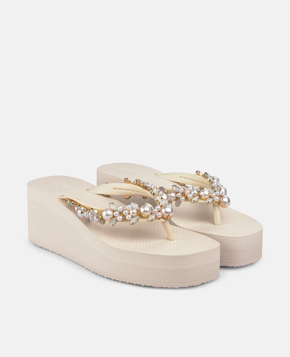 Cream pearl embellished platform flip-flop sandals