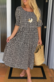 Helena | Women's Brown Midi Dress, Round Neck, Short Sleeves