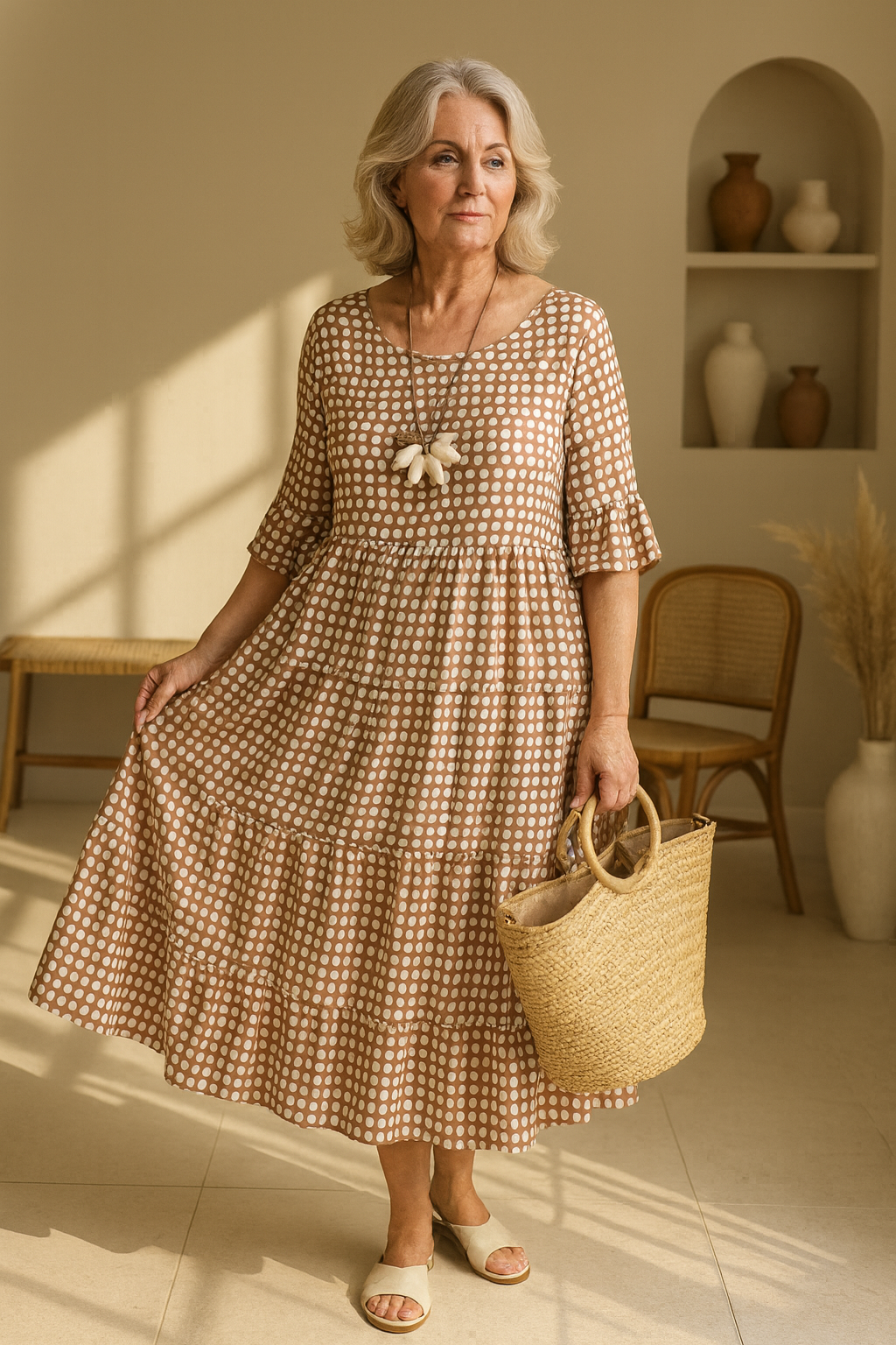 Helena | Women's Midi Dress, Round Neck, Short Sleeves