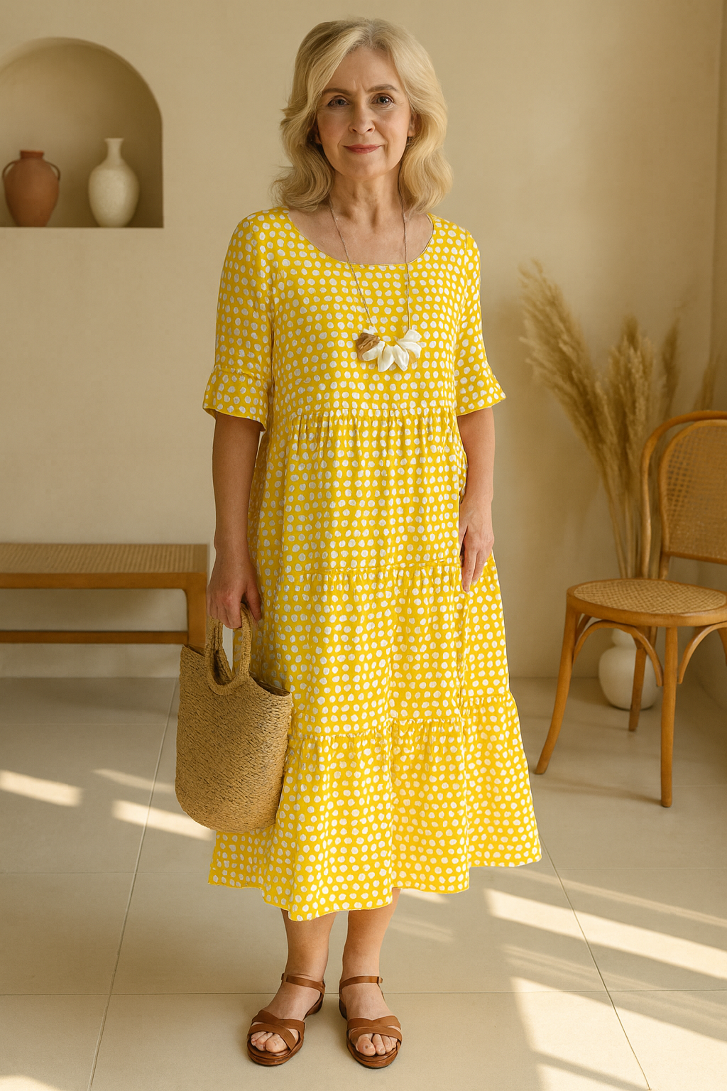 Helena | Women's Midi Dress, Round Neck, Short Sleeves
