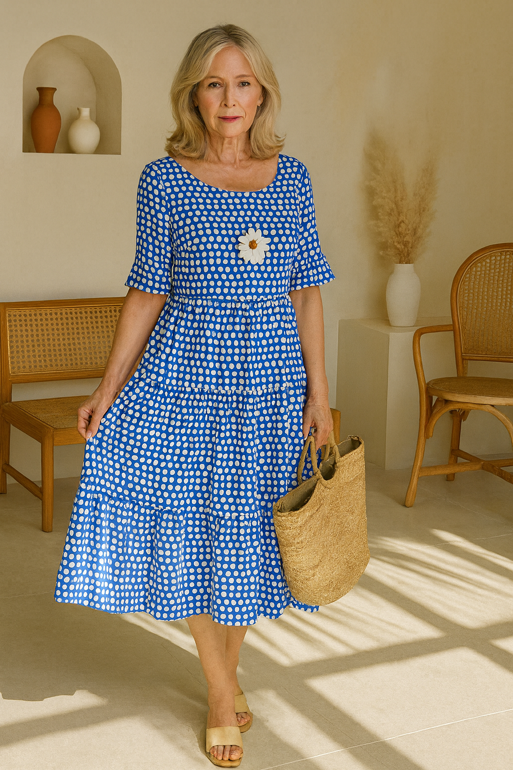 Helena | Women's Midi Dress, Round Neck, Short Sleeves