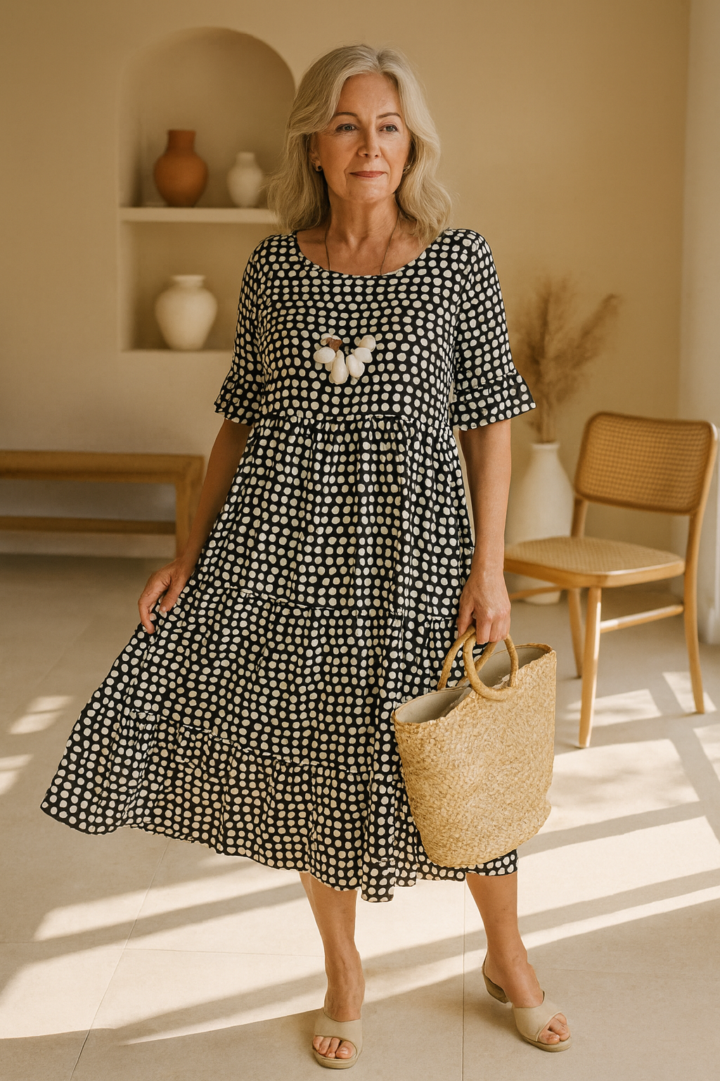Helena | Women's Midi Dress, Round Neck, Short Sleeves