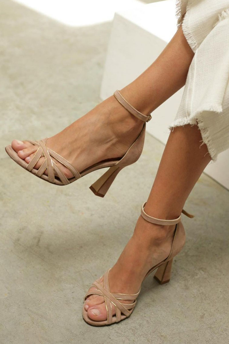 Women's brown peep-toe strappy high-heeled sandals with ankle strap
