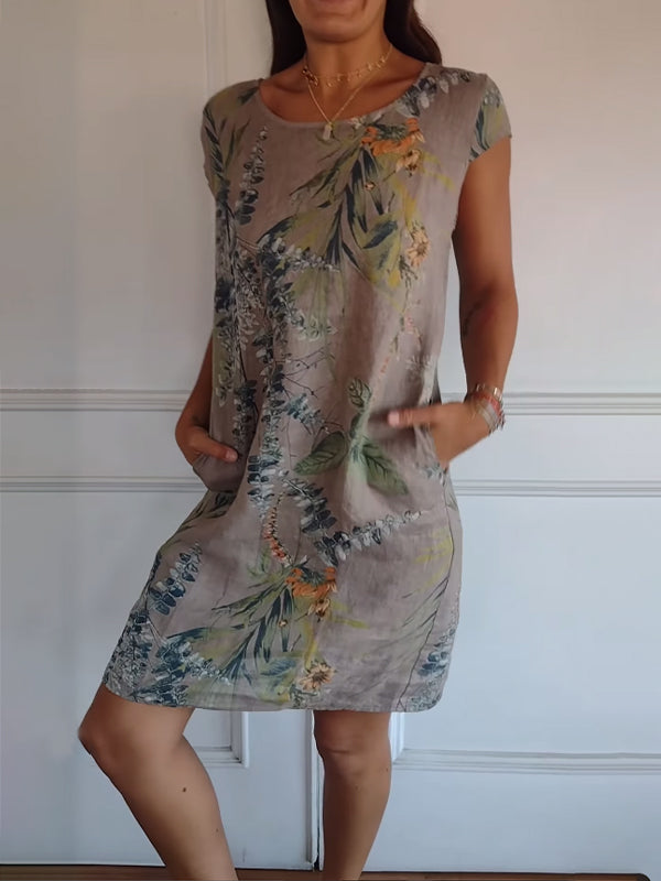 Flaminia floral shift midi dress, round neck, short sleeves
