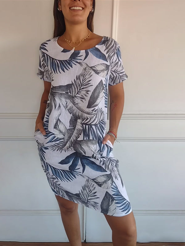 Flaminia floral shift midi dress, round neck, short sleeves