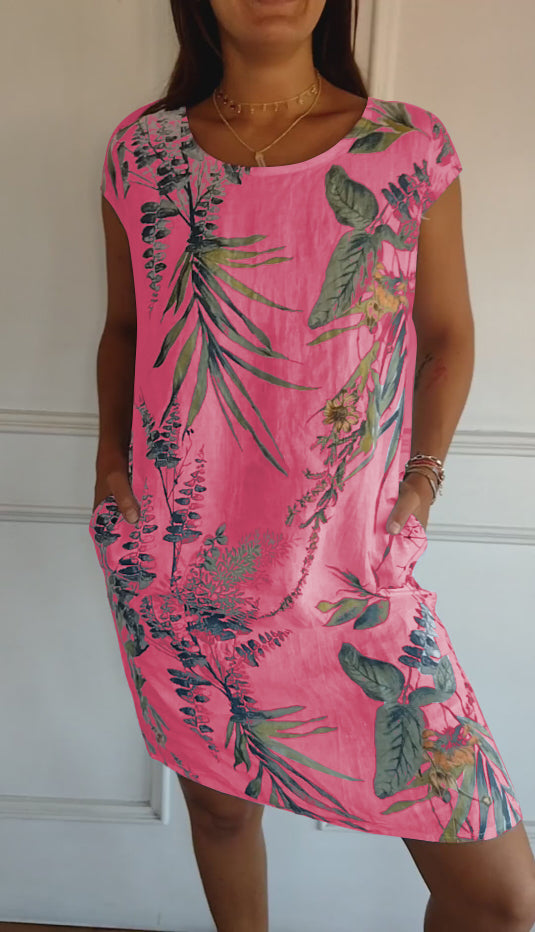Flaminia floral shift midi dress, round neck, short sleeves