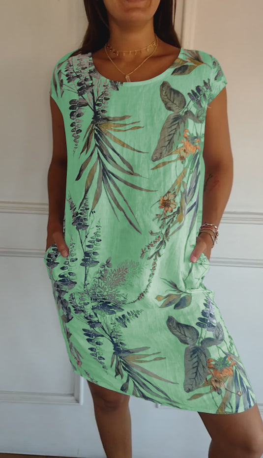 Flaminia floral shift midi dress, round neck, short sleeves