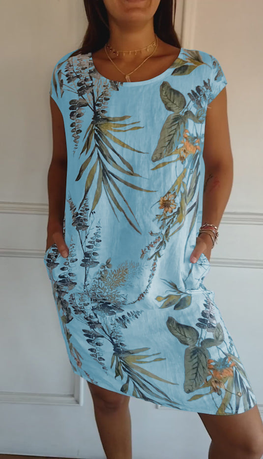 Flaminia floral shift midi dress, round neck, short sleeves
