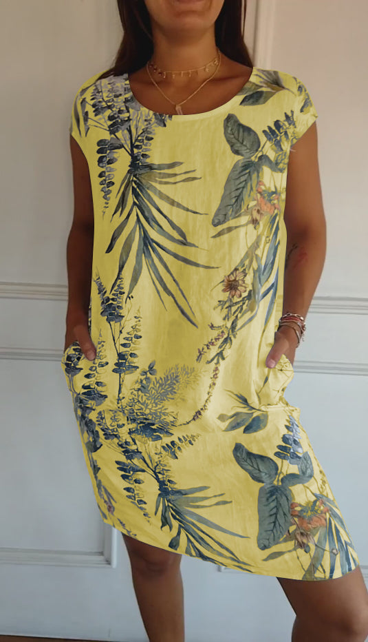 Flaminia floral shift midi dress, round neck, short sleeves