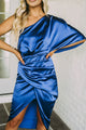 Women's One-Shoulder Midi Dress, Round Neck, Short Sleeves