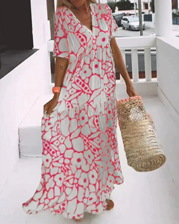 Ilaria-Rose printed maxi dress, v-neck, short sleeves