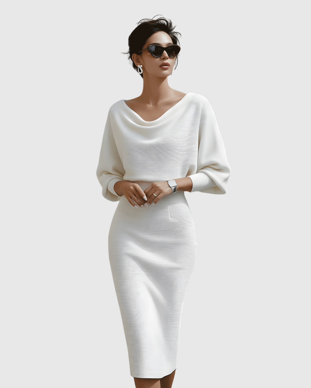 Idony | Women's Midi Dress, Cowl Neck, Batwing Sleeves