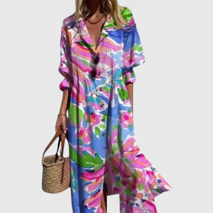 Aveline | Women's Bohemian Maxi Dress, Round Neck, Half Sleeves