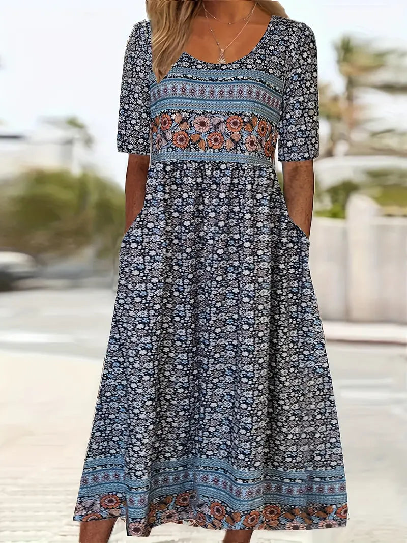 Rowena | Women's Bohemian A-Line Midi Dress, Round Neck, Short Sleeves