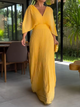 Women's Yellow Pleated Maxi Dress, Round Neck, Short Sleeves