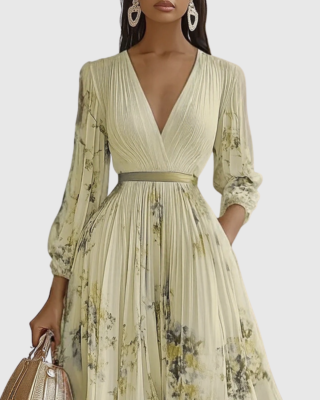 Demelza | Women's Floral Pleated Maxi Dress, V-Neck, Long Sleeves