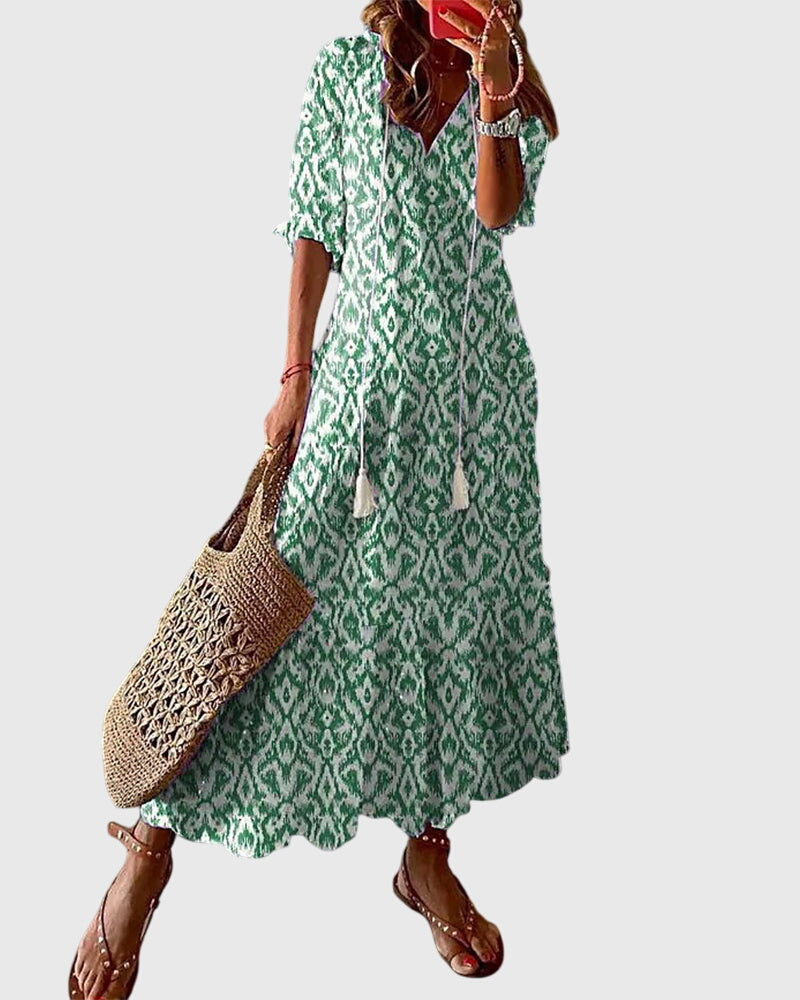 Cressida | Women's Bohemian Midi Dress, V-Neck, Short Sleeves
