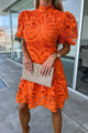 Women's Lace Mini Dress, Round Neck, Puff Sleeves