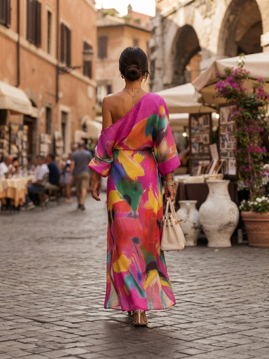 Norah | Women's Printed Maxi Dress, Off-Shoulder, Short Sleeves